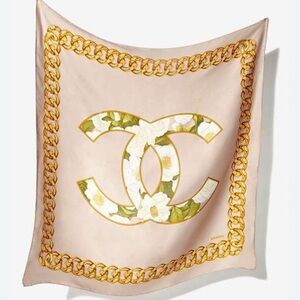 CHANEL Pink and Gold Floral Large Scarf